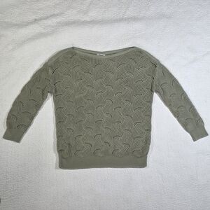 Kismet Olive Green Scalloped Pattern Open Knit 3/4 Sleeve Sweater